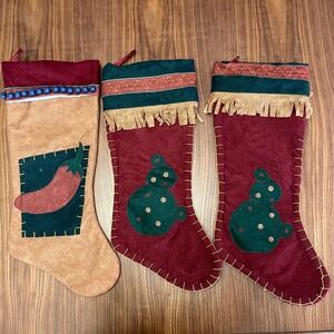 Set of 3 Southwest Christmas Stockings Faux Suede Chili Pepper Snowman Fringe
